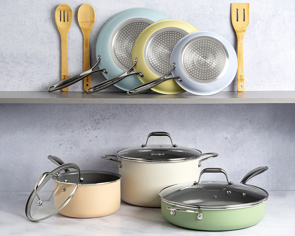 Goodful pastel cookware set on a kitchen shelf