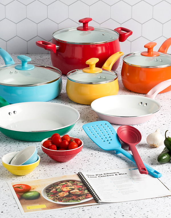 Goodful ceramic cookware set in red, teal, yellow and orange