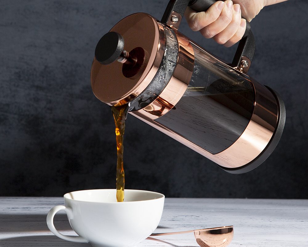 Primula Kedzie copper french press pouring into a cup