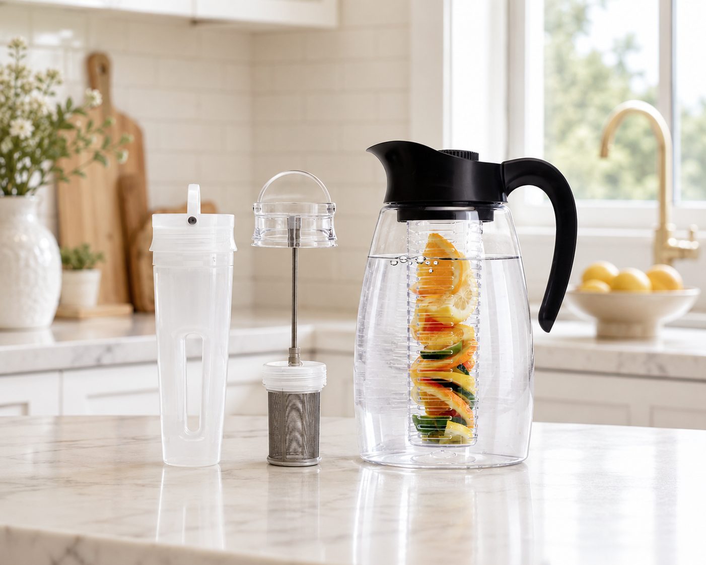 Flavor It 3-in-1 beverage pitcher on a kitchen counter with its fruit infusion core, ice core and tea filter