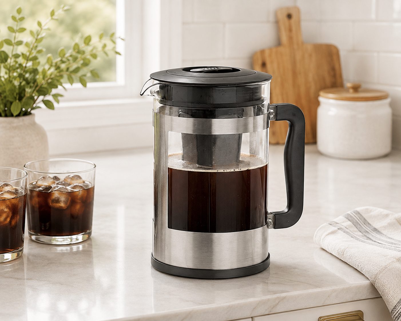 Kedzie cold brew coffee maker with stainless steel bands, beside two glasses of iced coffee