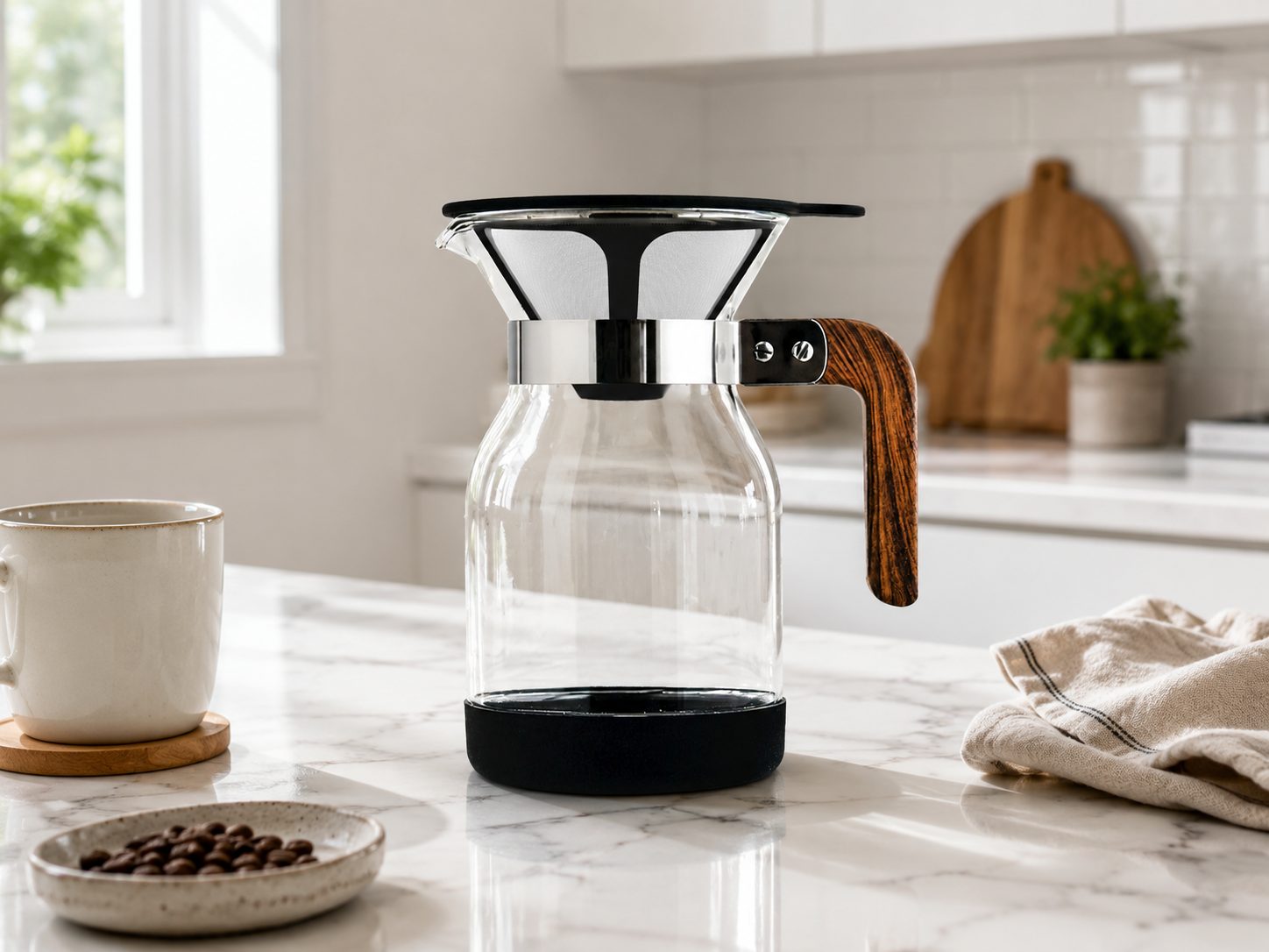 Park pour over coffee set brewing on a marble counter, glass carafe with a steel cone filter and wood handle