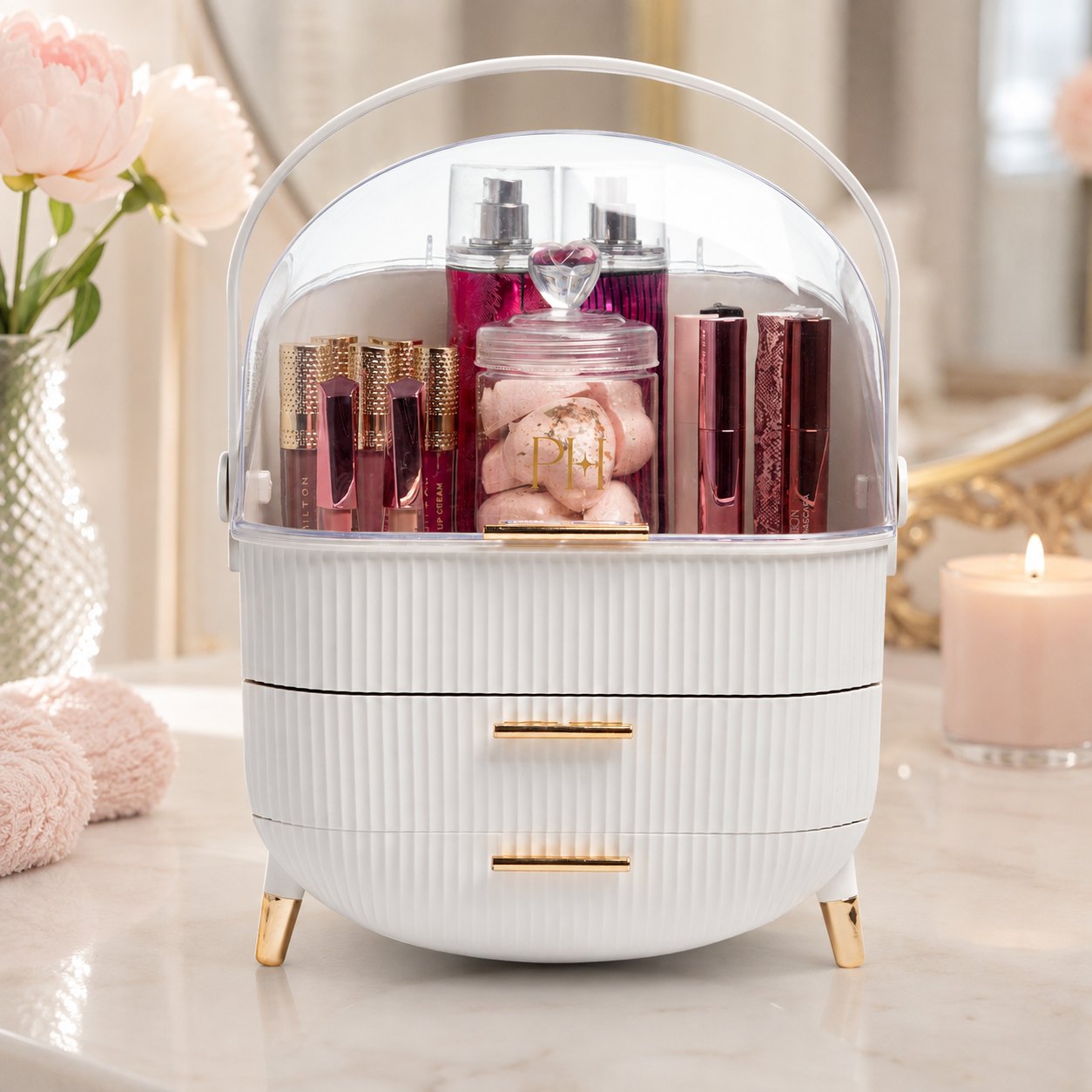 Paris Hilton white makeup organizer with dome lid and drawers, a Crystal Ball call that became product