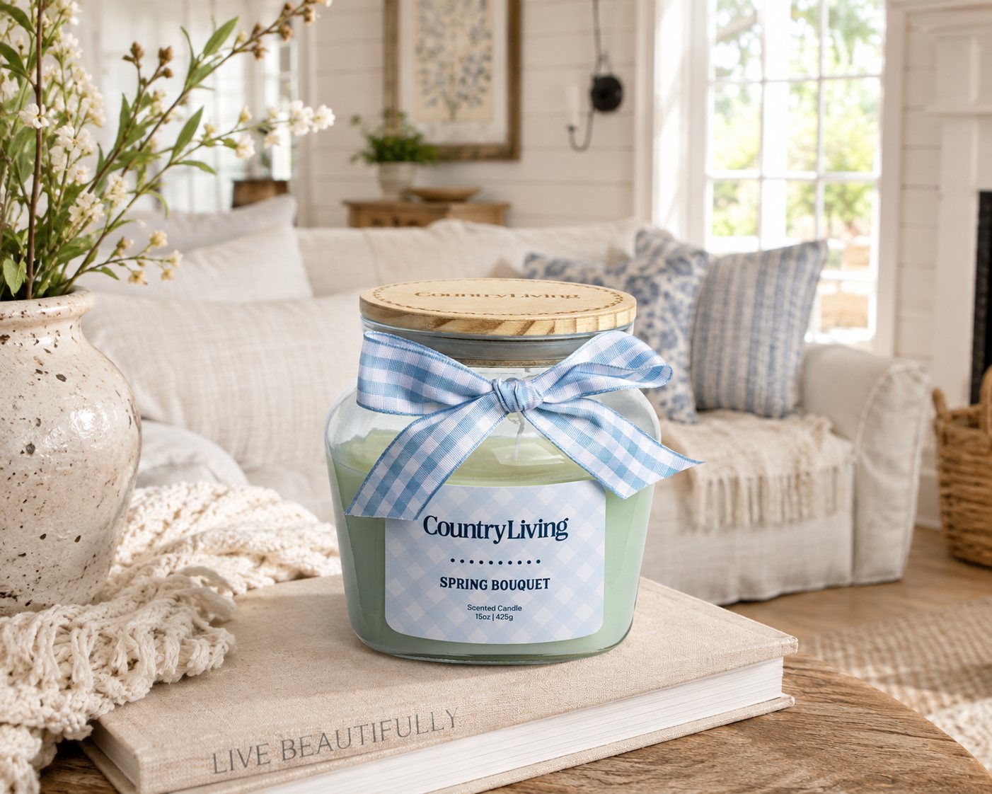 Country Living Spring Bouquet scented candle on a book in a bright farmhouse living room