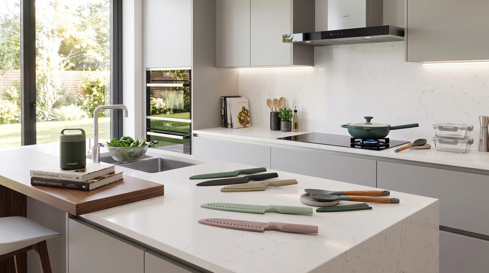 A bright modern kitchen with Cooking Light knives laid out on the island and a sauté pan on the hob