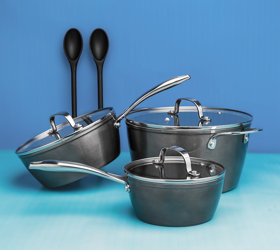 Cooking Light stainless cookware set with lids and serving spoons