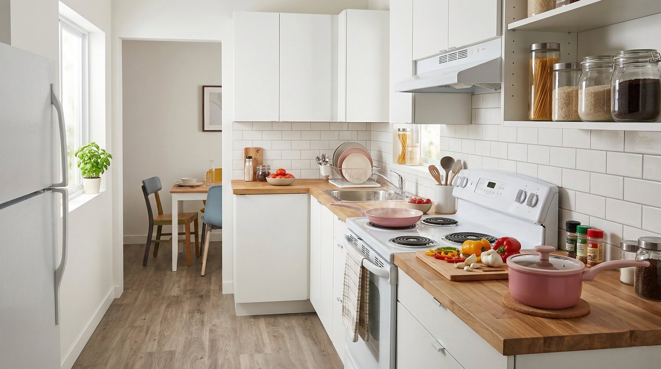 Tasty pink cookware in use in a bright home kitchen
