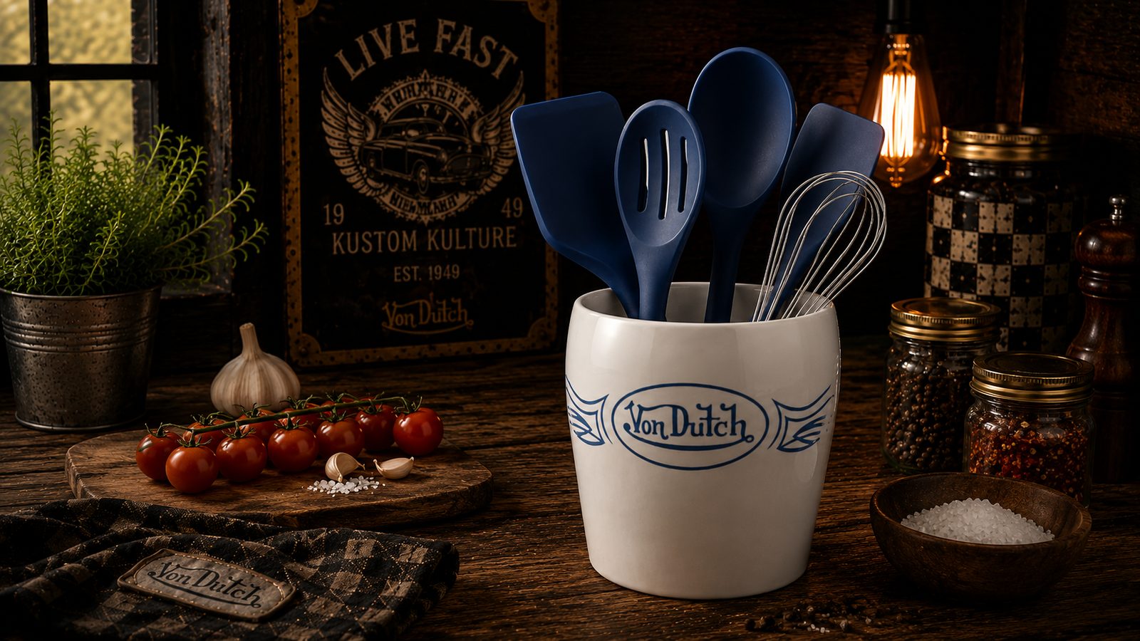 Von Dutch utensil crock with blue kitchen tools